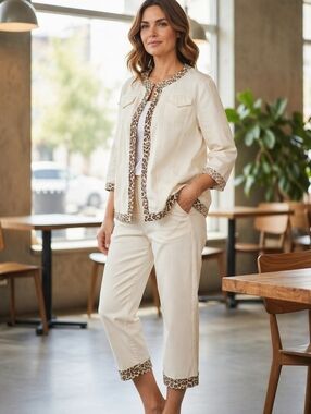 Chico's Stylish Ivory Jacket and Crop Pants Set with Leopard Print Trim